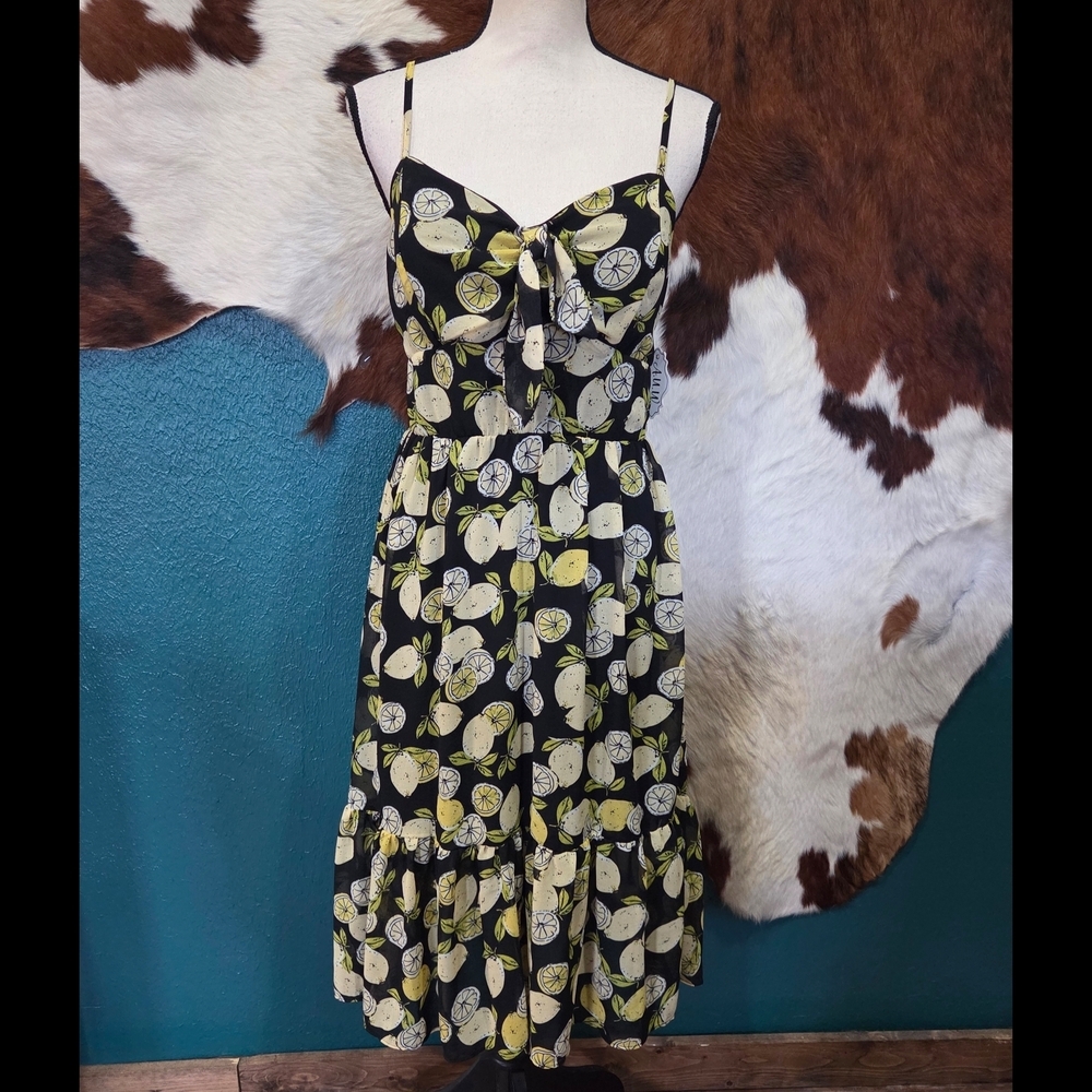Black Lemon-Print Midi Sundress with Front Tie